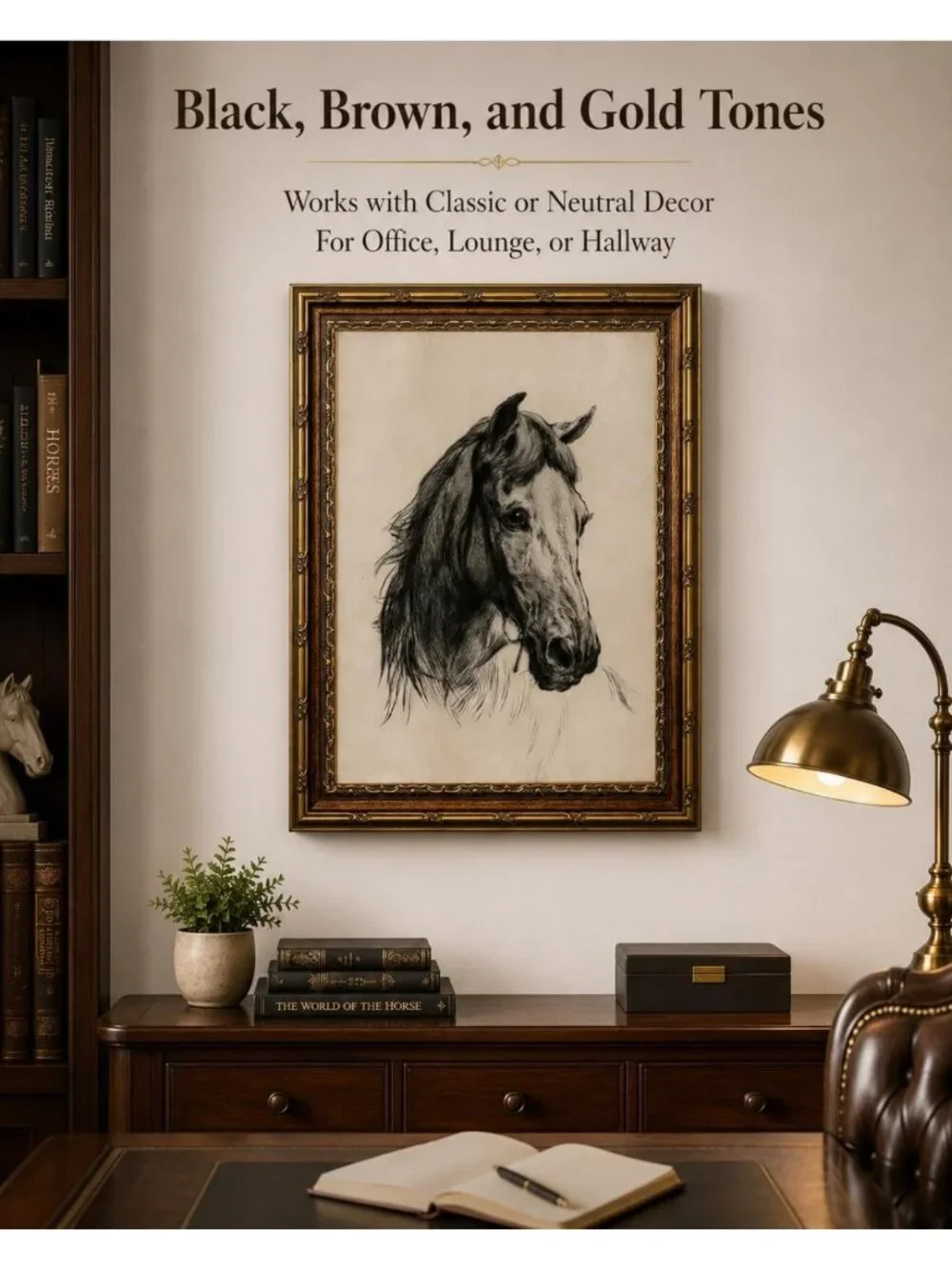 Elegant Gold Framed Horse Head Sketch Wall Art | Equestrian Canvas Print 16x24